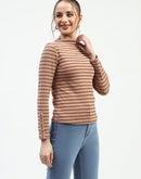 Madame Mock Neck Striped Button Detailed Sleeve Brown Top