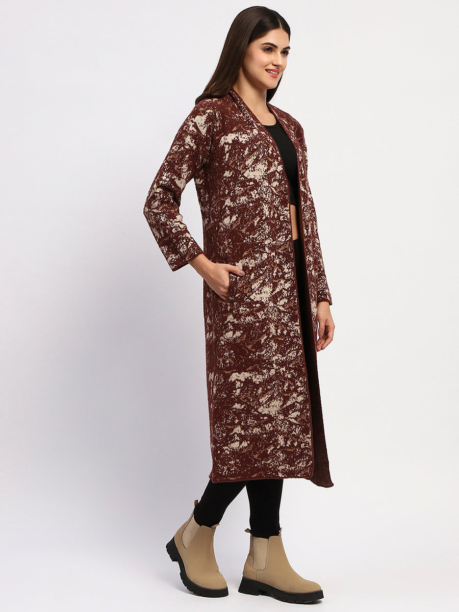 Madame Abstract Print Open Front Chocolate Brown Long Shrug