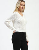 Madame Textured Round Neck Off White Zip Up Knit Top