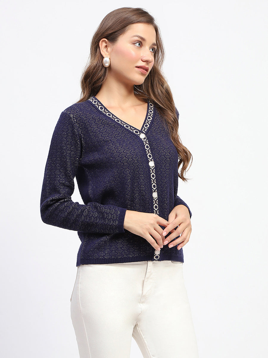 Madame Geometric Pattern V Neck Navy Blue Cardigan