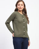 Madame Self-Designed Crew Neck Button Down Olive Green Cardigan