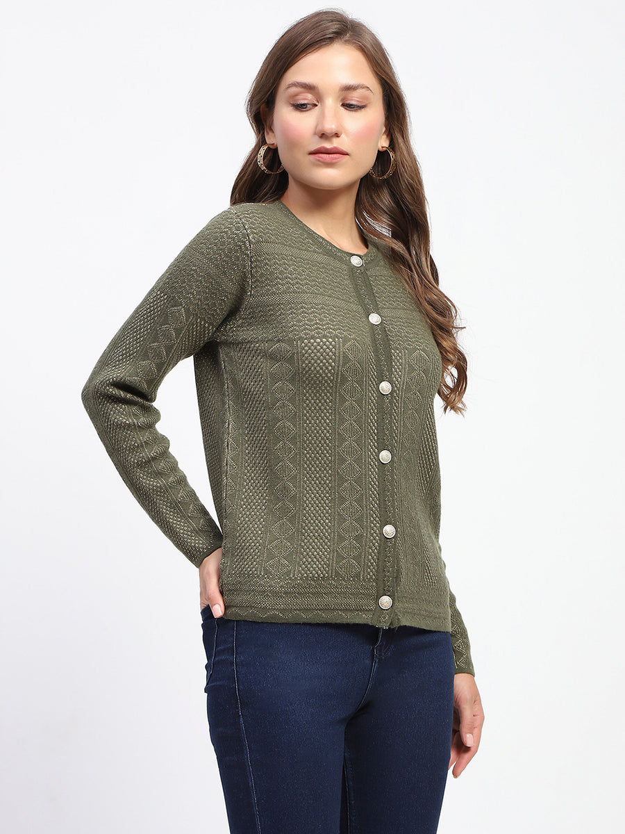 Madame Self-Designed Crew Neck Button Down Olive Green Cardigan