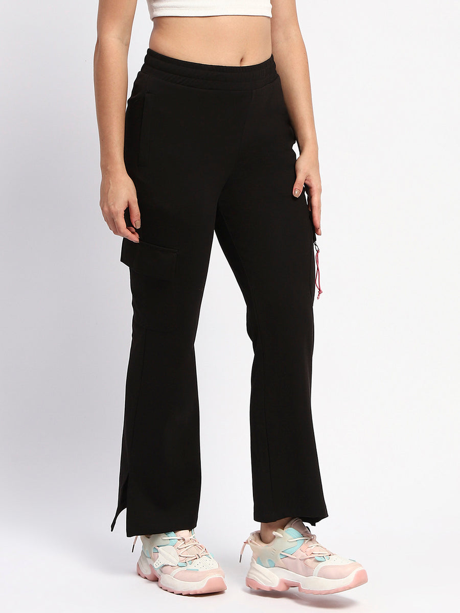 mSECRET Flap Patch Cotton Solid Black Wide Leg Trousers