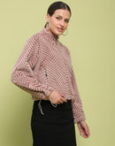 Madame Geometric Psttern Zipped Brown Sweatshirt