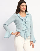 Madame Solid Sky Blue Ruffle Neck Bell Sleeve Top