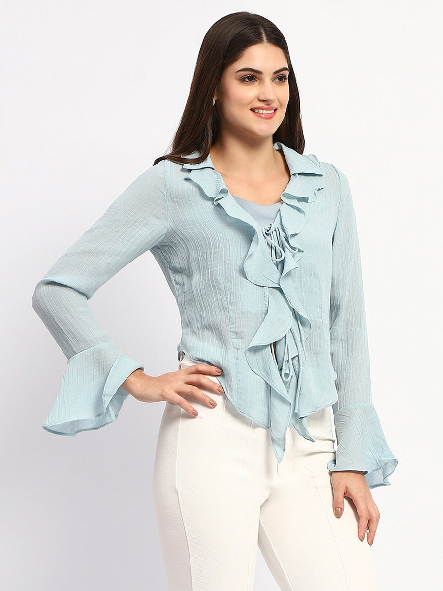 Madame Solid Sky Blue Ruffle Neck Bell Sleeve Top