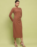 Madame Front Ruched Self Design Rust Red Knit Maxi Dress