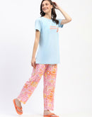 mSECRET Typography Adorned Sky Blue T-shirt with Floral Print Pyjama Nightsuit Set