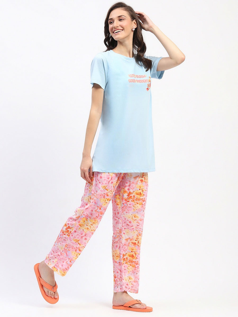 mSECRET Typography Adorned Sky Blue T-shirt with Floral Print Pyjama Nightsuit Set