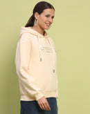 Madame Typography Print Hooded Beige Cotton Sweatshirt