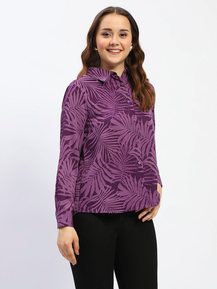 Madame Leaf Print Button-Down Purple Shirt