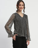 Madame Ruffle Sleeve Black Shimmery Top