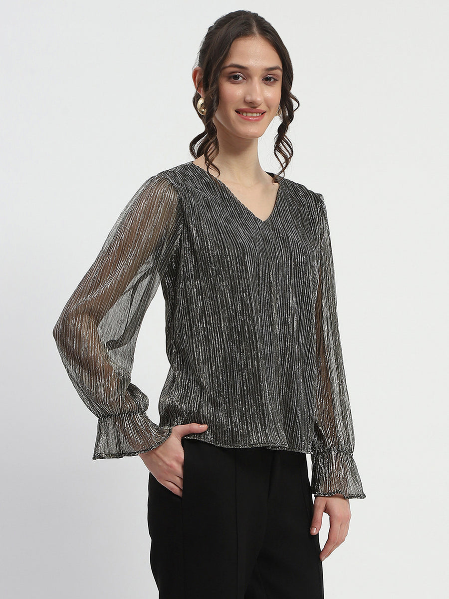 Madame Ruffle Sleeve Black Shimmery Top