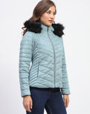 Madame Fur Hooded Sea Green Puffer Jacket