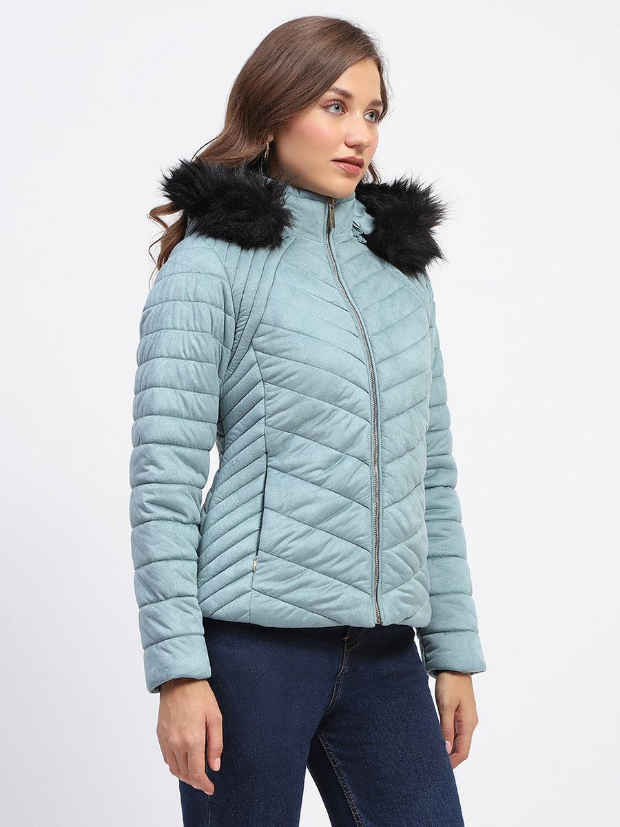 Madame Fur Hooded Sea Green Puffer Jacket