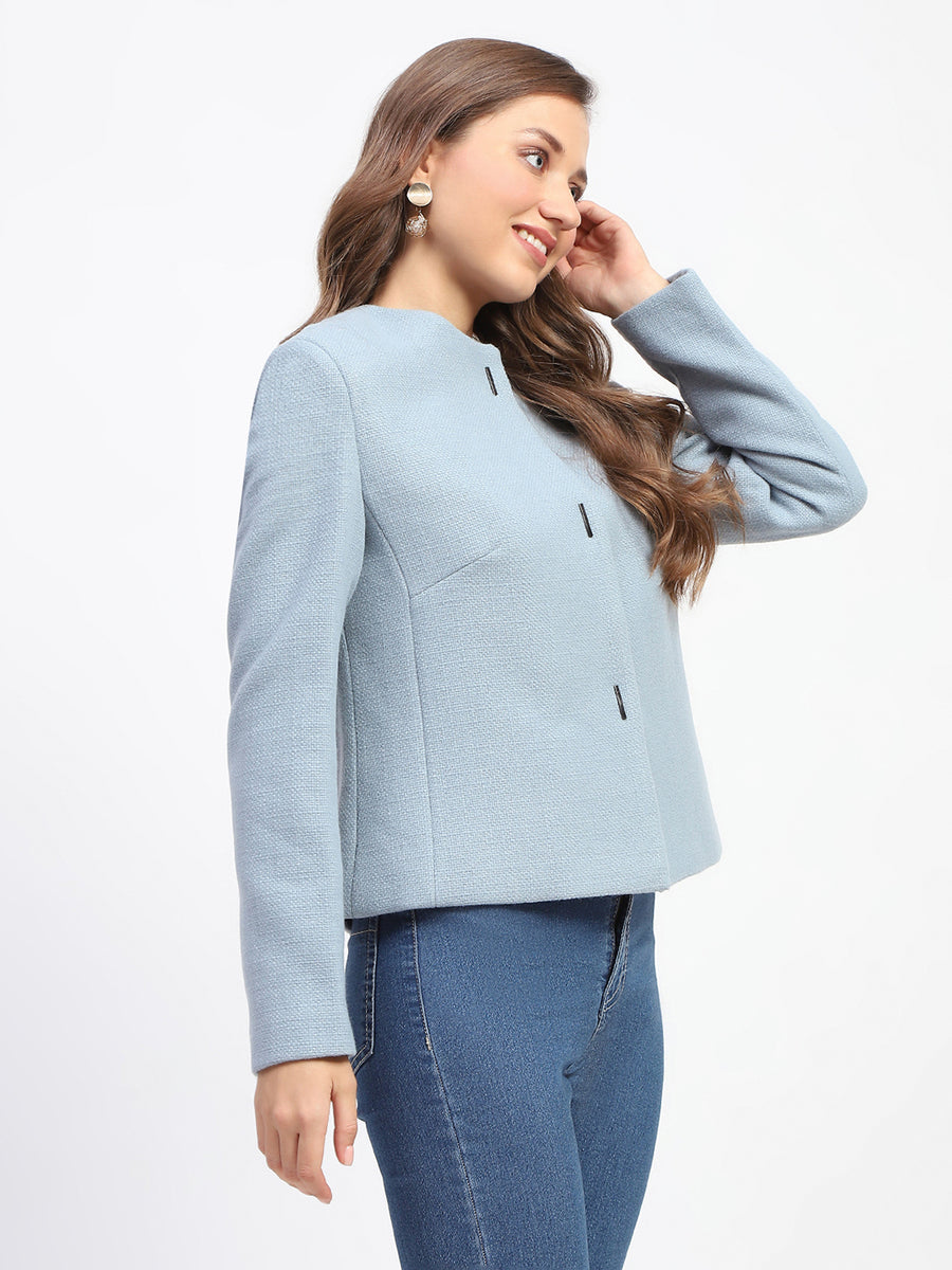 Madame Blue Crew Neck Buttoned Short Coat