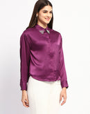 Madame Embellished Collar Cuff Sleeve Solid Purple Shirt