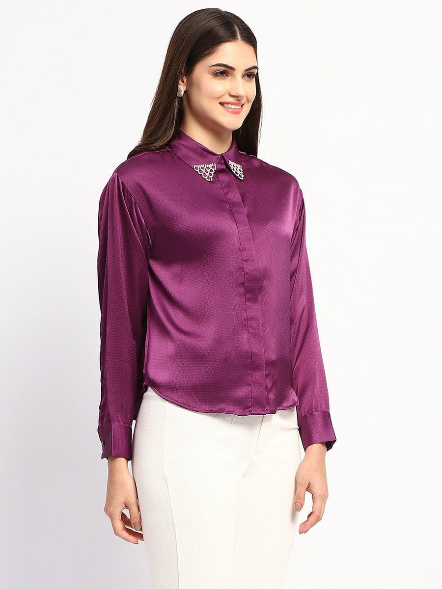 Madame Embellished Collar Cuff Sleeve Solid Purple Shirt