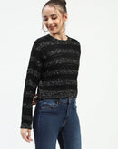 Madame Black Striped Cropped Sweater with Sparkle Detailing