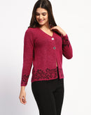 Madame Cable Knit Botanical Print Buttoned Fuschia Cardigan