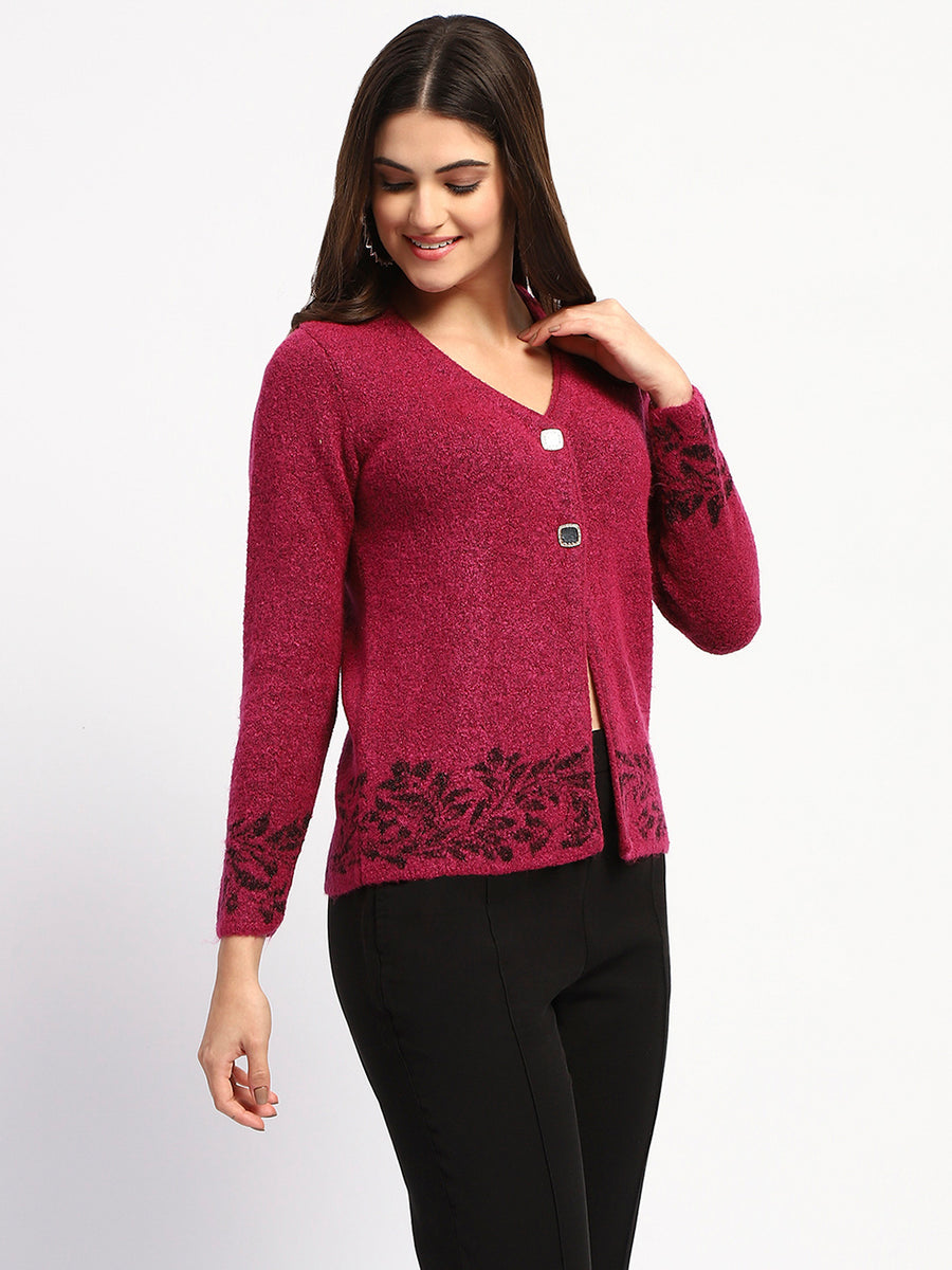 Madame Cable Knit Botanical Print Buttoned Fuschia Cardigan