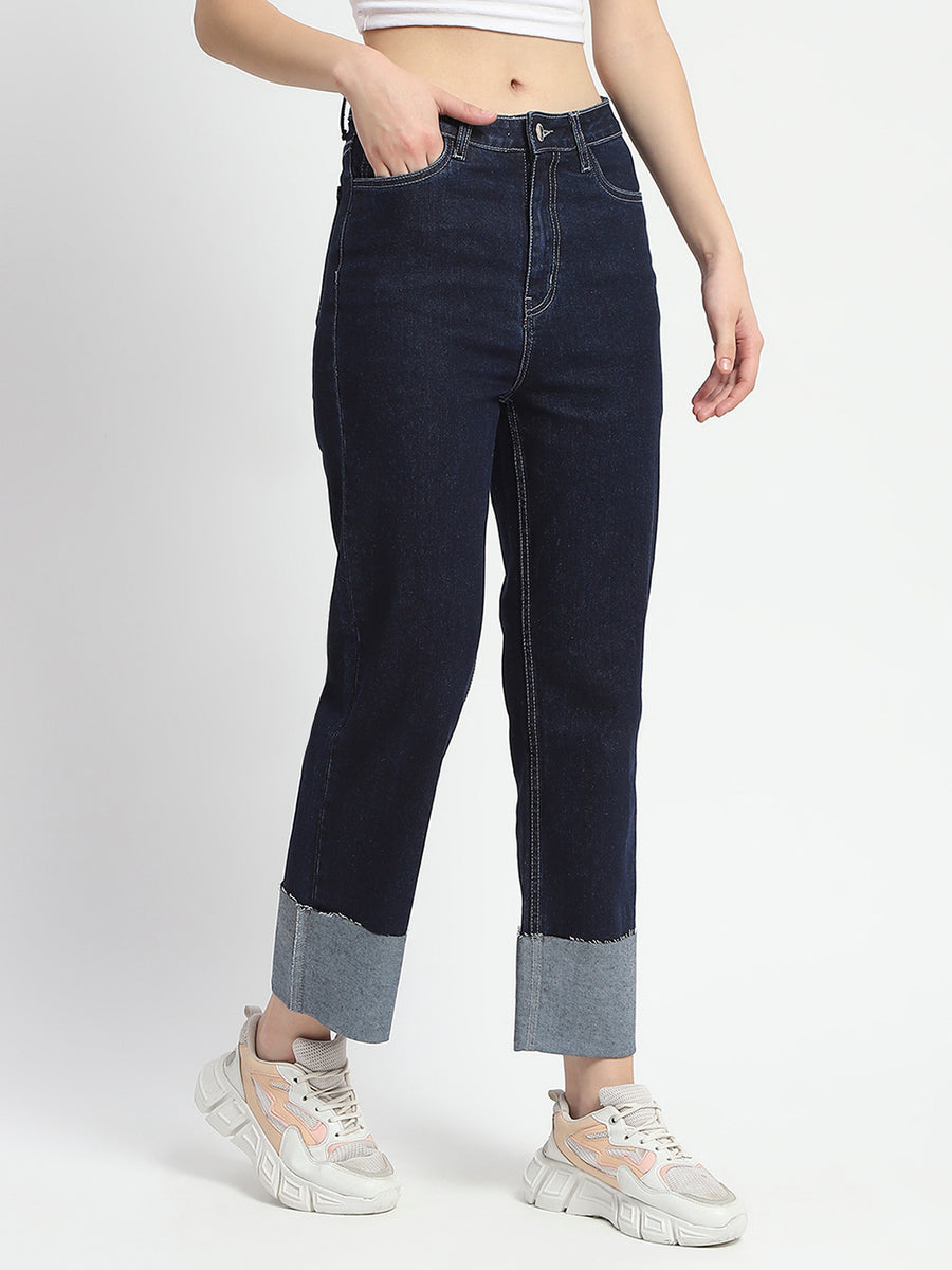 Madame Rolled Hem Straight Fit Solid Dark Blue Cotton Denim