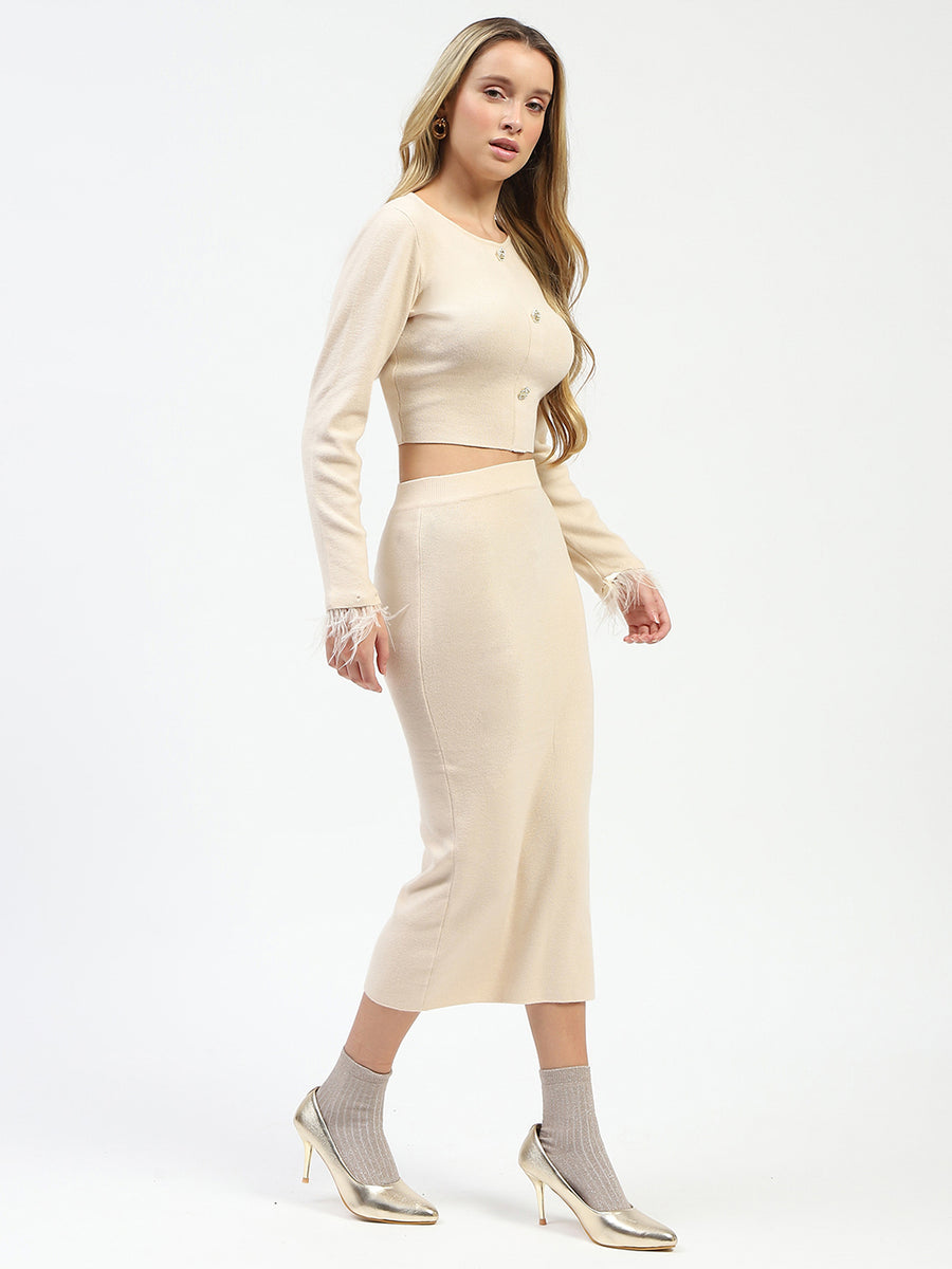 Madame Fur Sleeve Bodycon Beige Knit Co-ord Set