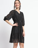 Madame Shimmery Tiered Belted Waist Black Midi Dress