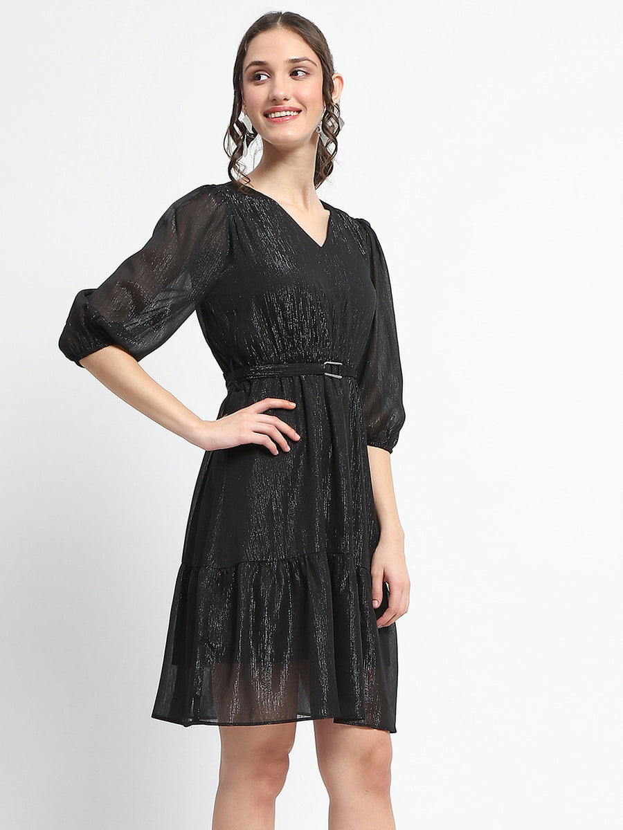 Madame Shimmery Tiered Belted Waist Black Midi Dress