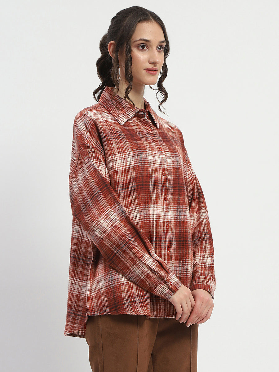 Madame Chequered Long Sleeved Cotton Brown Shirt