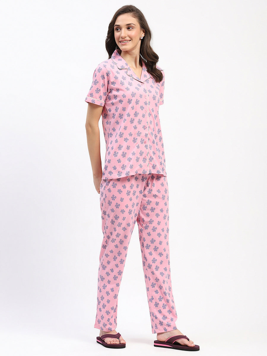 mSECRET Pink Button-Down Night Suit Set with Blue Floral Print