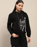 Madame Fleece Placement Print Black Hooded Sweatshirt