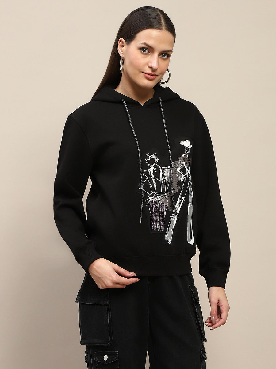 Madame Fleece Placement Print Black Hooded Sweatshirt