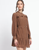 Madame Buckle Detailed Solid Chocolate Brown Shirt Dress