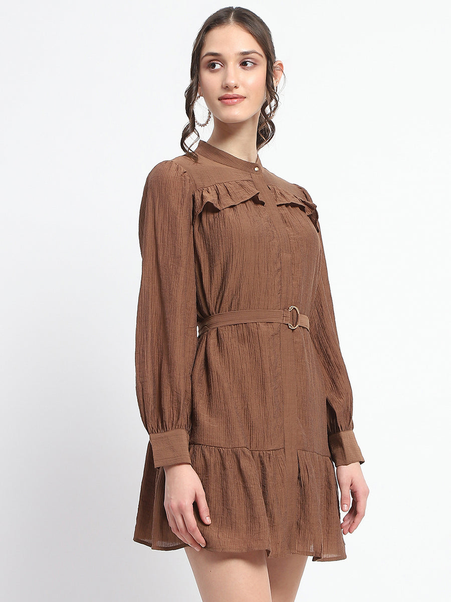 Madame Buckle Detailed Solid Chocolate Brown Shirt Dress