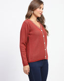 Madame Geometric Pattern V Neck Rust Cardigan