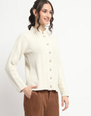 Madame Button Down Cable Knit Solid Beige Cardigan