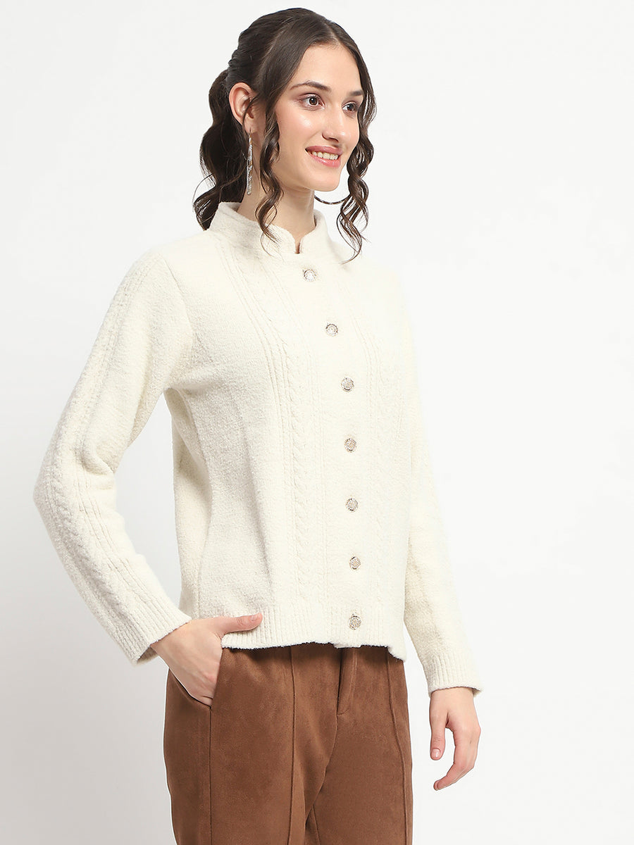 Madame Button Down Cable Knit Solid Beige Cardigan