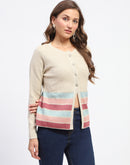 Madame Beige Striped Buttoned Cardigan