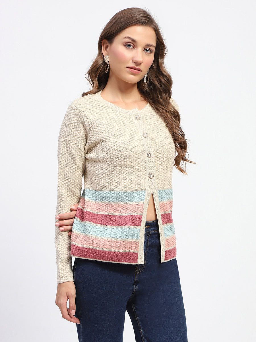 Madame Beige Striped Buttoned Cardigan