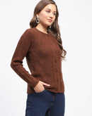 Madame Ribbed Cuff Geometric Pattern Brown Cardigan