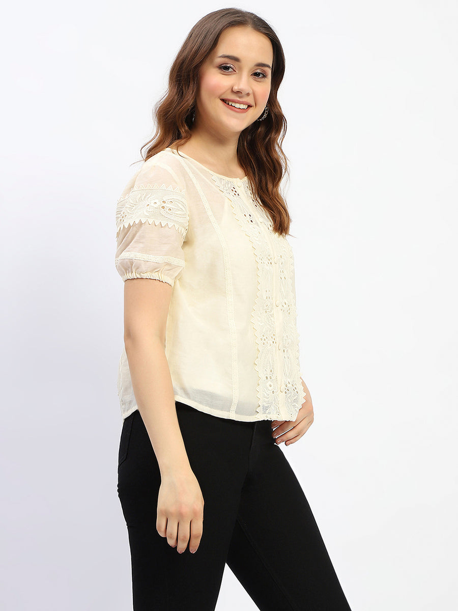 Madame Semi Sheer Off White Laced Cotton Top