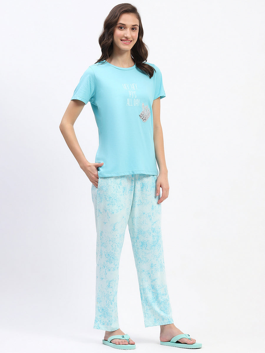 mSECRET Blue Typography Printed Night Suit Set