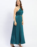 Madame Halter Neck Metal Accented Belt Teal Maxi Dress