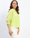 Madame Neon Green Mandarin Neck Frill Sleeve Buttoned Tencel Top