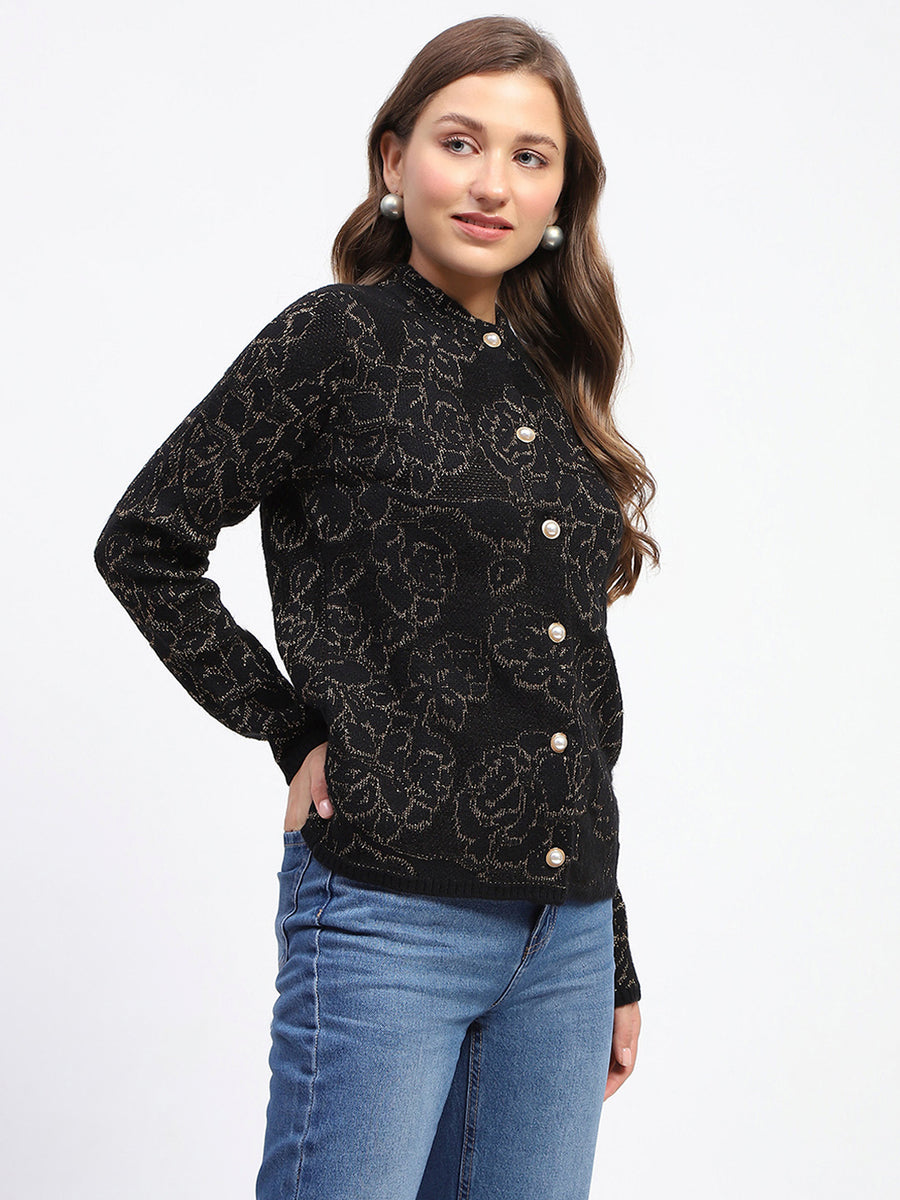 Madame Black Shimmer Printed Buttoned Cardigan