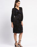 Madame Abstract Print Surplice Neck Black Midi Dress