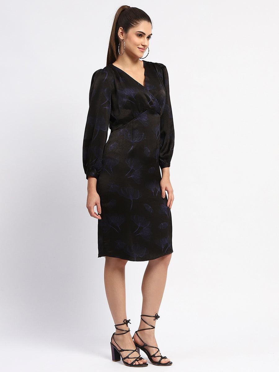 Madame Abstract Print Surplice Neck Black Midi Dress