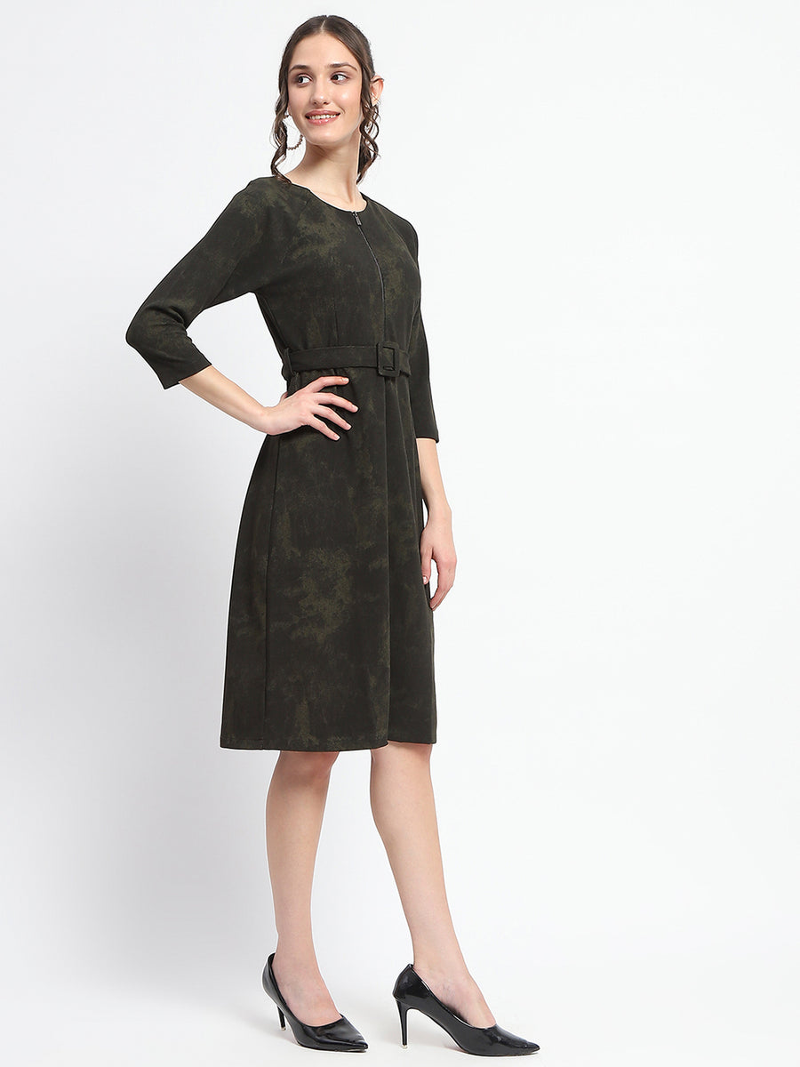 Madame Front Zip Detailed Printed Olive Midi Dress