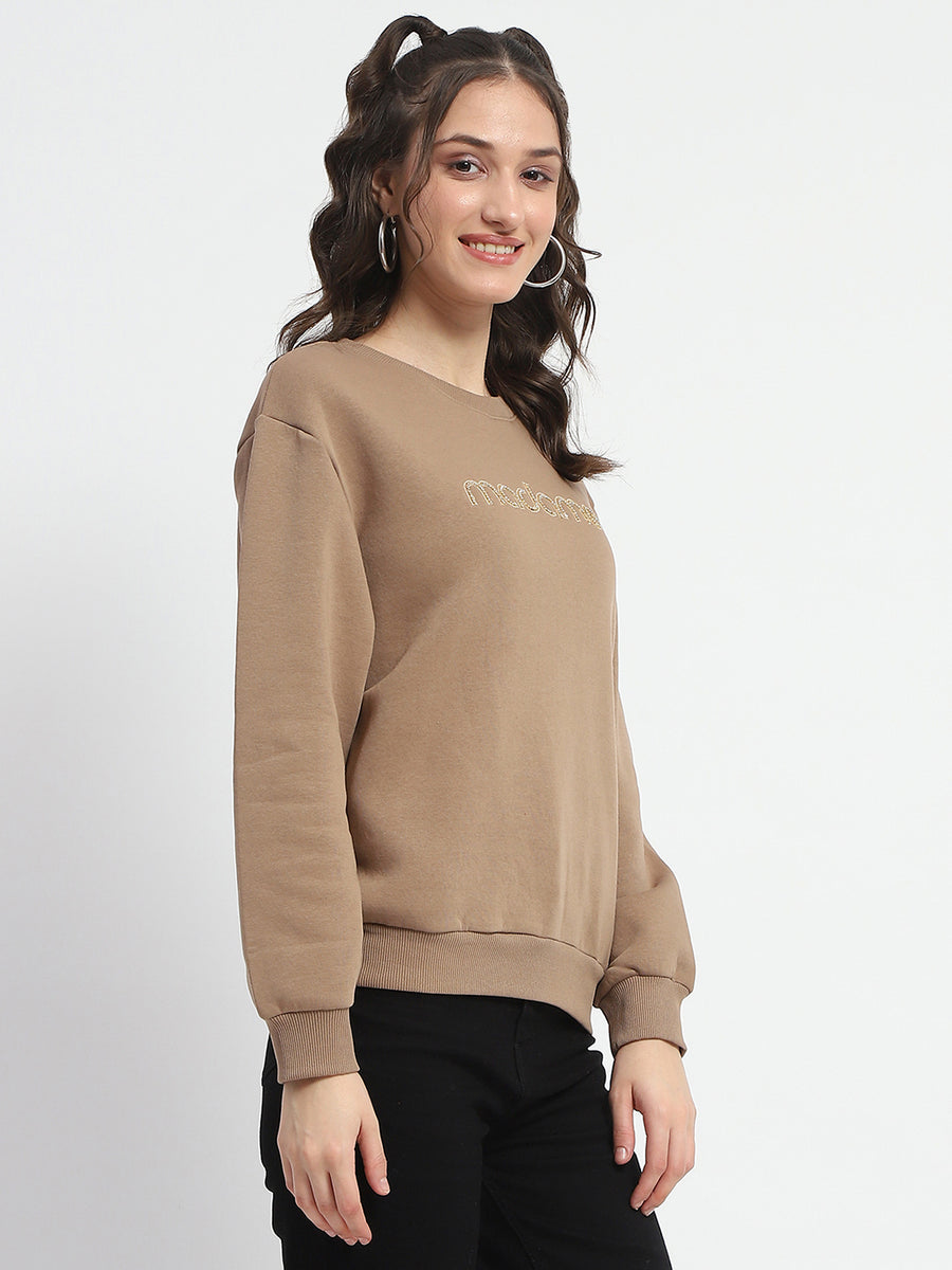 Madame Typography Adorned Cotton Blend Brown Sweatshirt